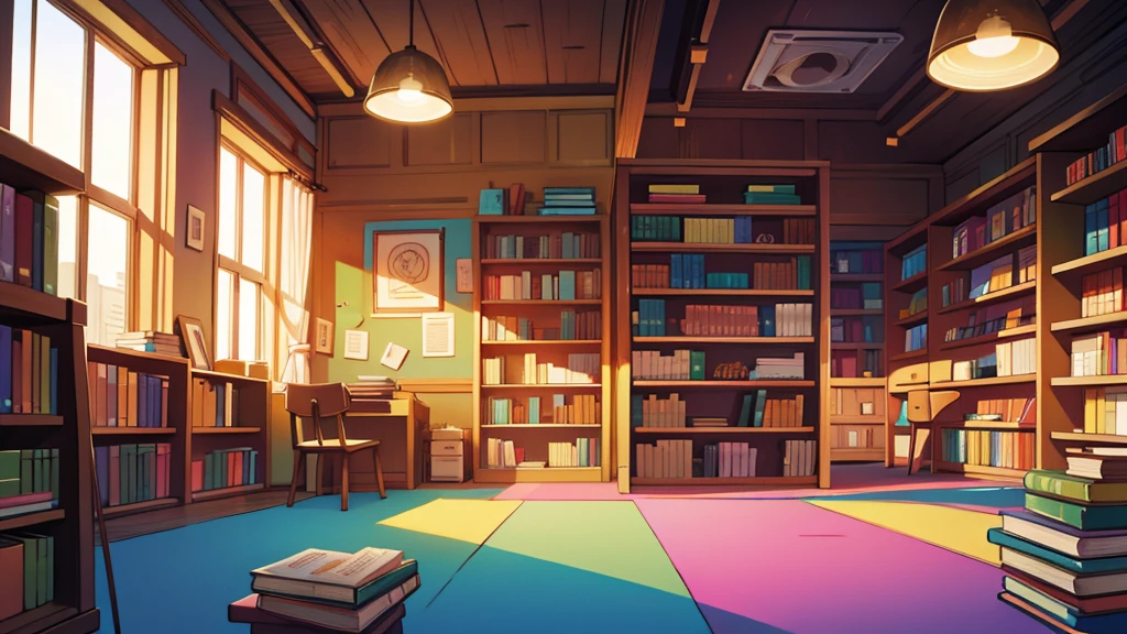 vivid colors interior of an empty library books