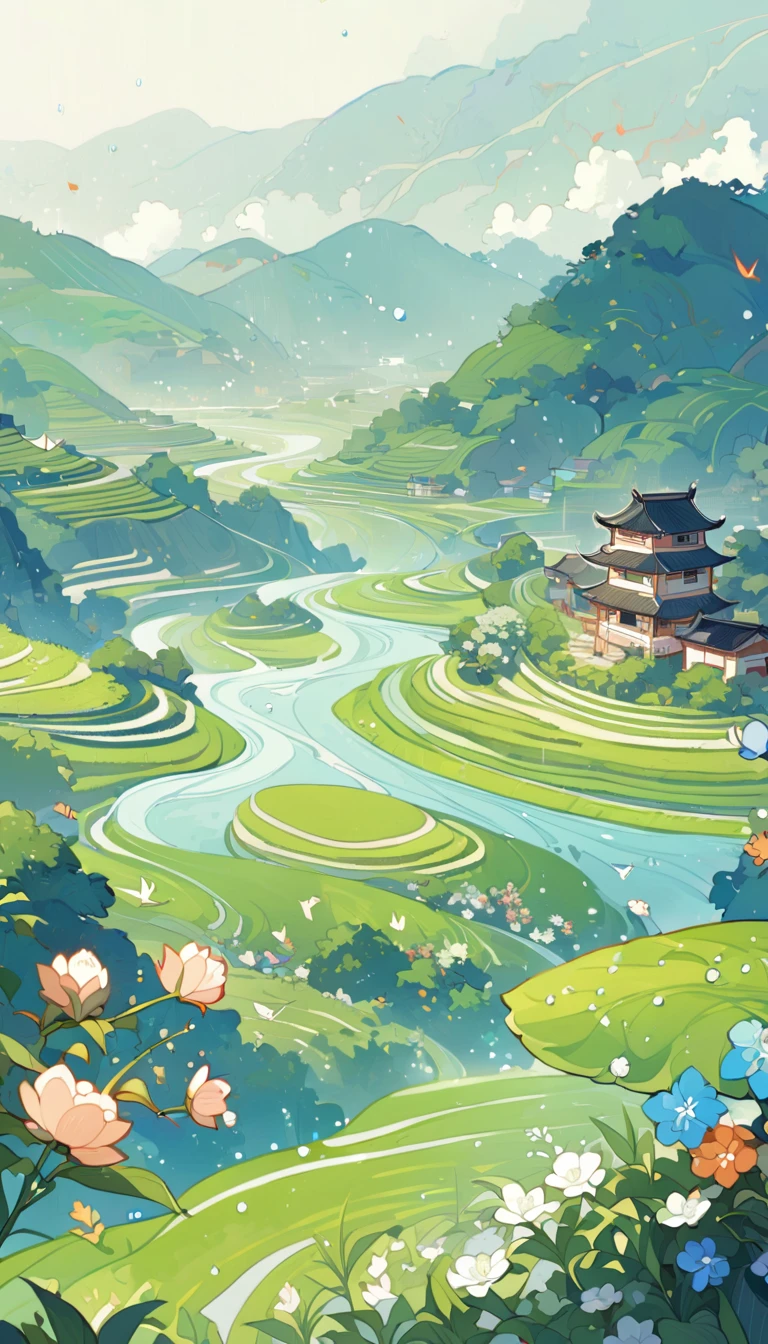 Qingming Festival Chinese countryside, plants and flowers, swallows, wicker, rice field, light rain, river, bright, spring green, bright background, blank at the top of the frame, flat illustration, Victo Ngai style