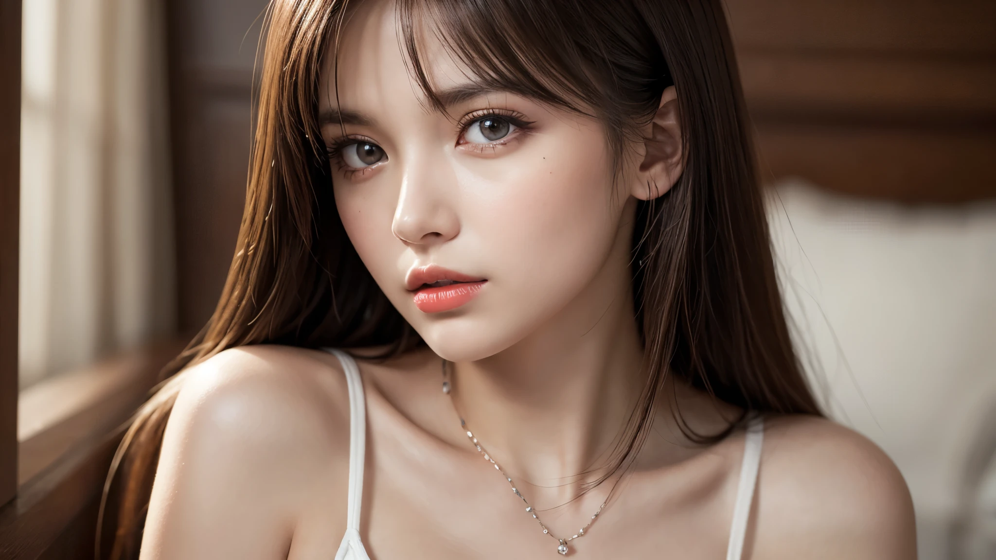 (8k, ultra high resolution, best masterpiece, Highest quality:1.2), Extremely detailed, thorough resolution, (realistic, realistic photo: 1.37), Portrait, Focus on eyes, high definition RAW photograph, professionally arrested, high definition and beautiful, UHD 8K Image photo, Volumetric Lighting, Soft Light, frank, Professional photography, highly detailed beautiful girl, Ultra detailed and delicate face, Finely defined eyes, (Extremely detailed eyes), Precise shape nose, expressive lips, fine texture skin, (HD skin:1.2), The fingers were neatly outlined, Every feature is meticulously displayed, one story, (20:1.2), Twenty generations, cute girl, Brown hair, Long straight hair, shiny amber eyes, Red lips, Cleavage, perfect anatomy, HD background is not blurred, particle, realistic, Amazing details, 8k Ultra HD, high quality, CG unity, C4D render, 3D rendering