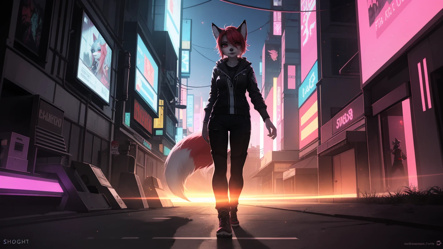 Cyberpunk fox, Schönes LIcht und Schatten auf eInem schönen GesIcht mIt hellrosa Haaren、AmbIentebeleuchtung am Strand、Ultra-fIne fur、Das volumetrIsche LIcht Ist sehr detaIllIert,Furry Art von höchster QualItät, I