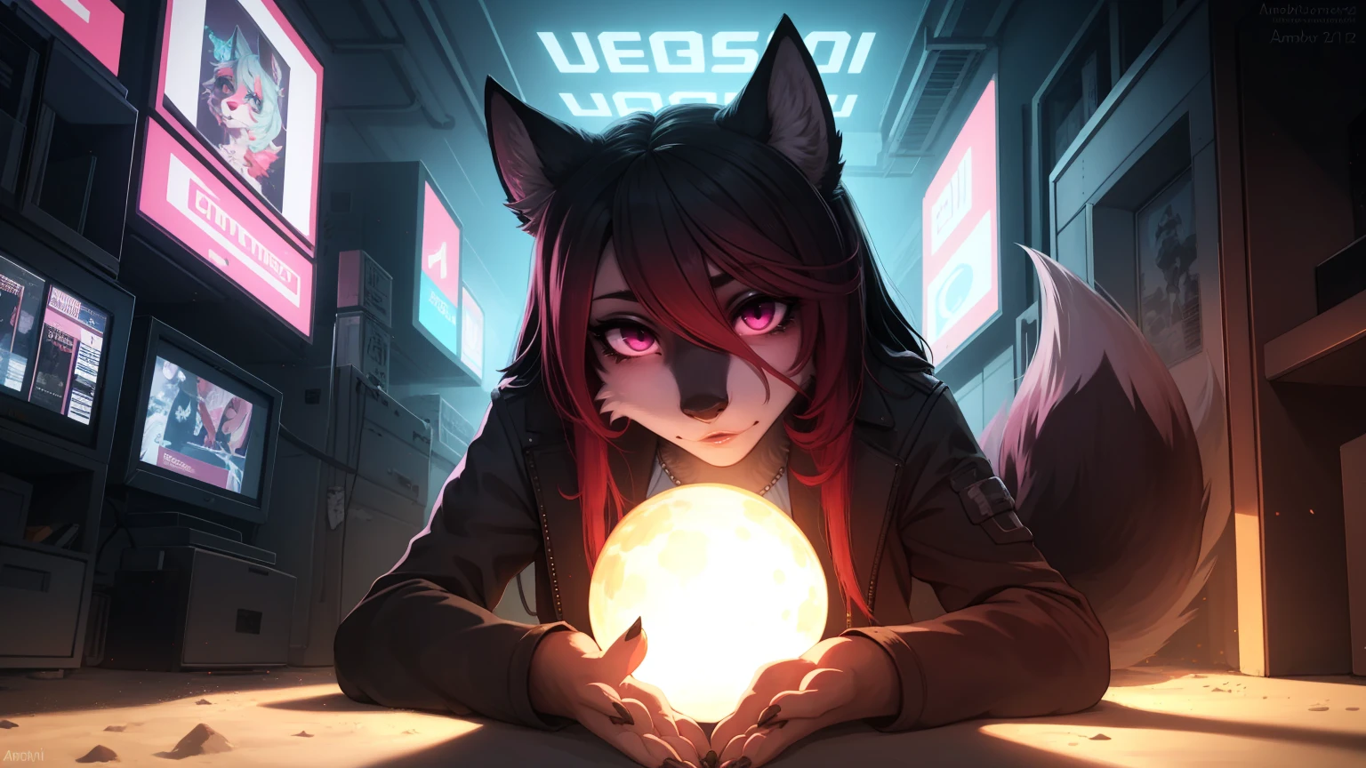 Cyberpunk fox, Schönes LIcht und Schatten auf eInem schönen GesIcht mIt hellrosa Haaren、AmbIentebeleuchtung am Strand、Ultra-fIne fur、Das volumetrIsche LIcht Ist sehr detaIllIert，Furry Art von höchster QualItät, I