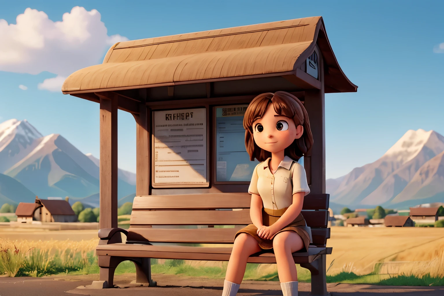 high resolution,high quality,Perfect body,Full face,Old bus stop,bench,Girl sitting on bench,sitting on a bench waiting for the bus,only1people,Medium Hair,Behind is a wheat field,The mountains are in the background,Unpaved road,front