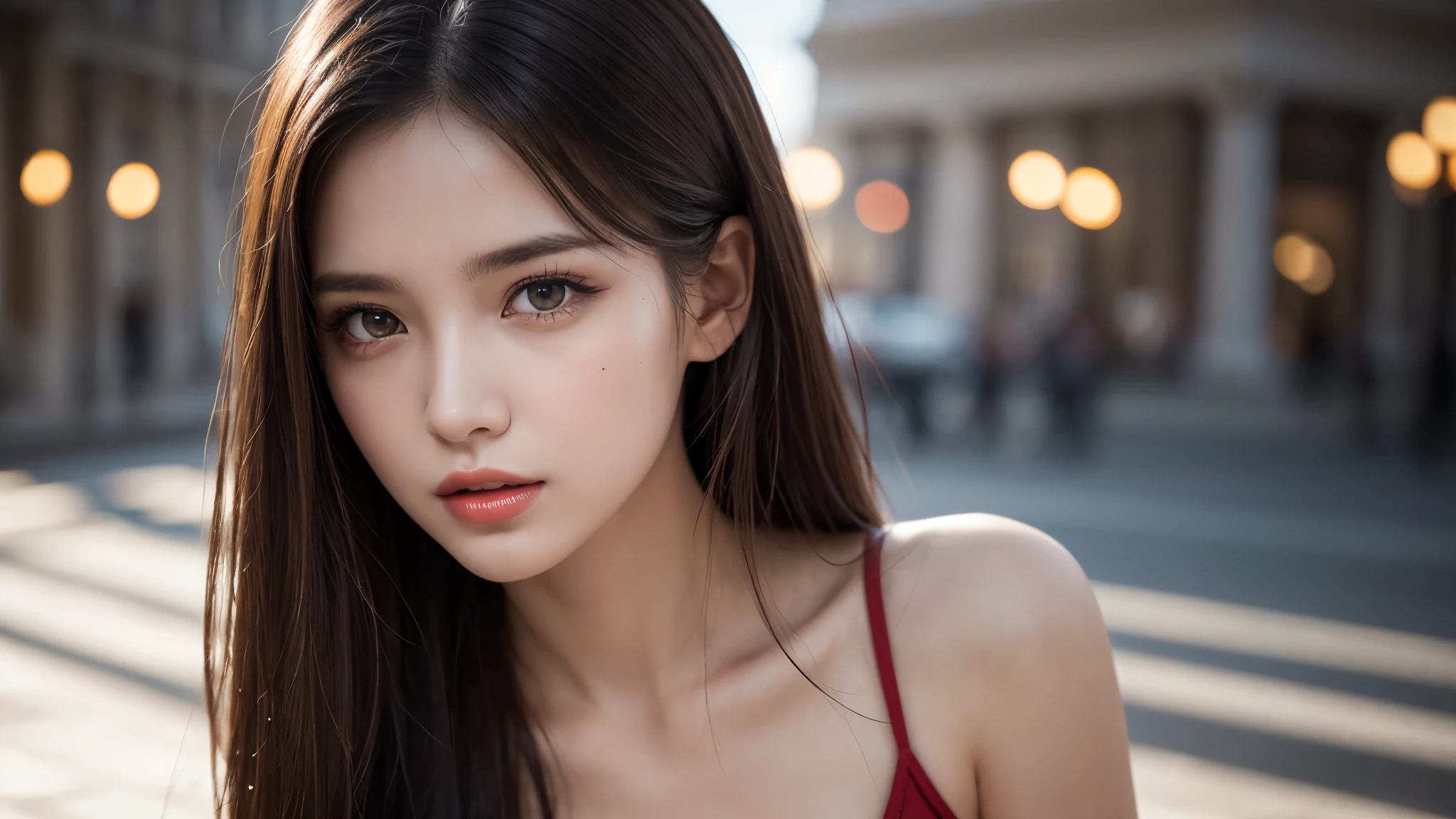 (8k, Ultra-high resolution, The best masterpiece, best quality:1.2), Very detailed, Complete Solution, (actual, actual photo: 1.37), portrait, Half Body, focus on eyes, HD RAW photos, career arrest, High quality and beautiful, 超高清 8k 影像照片, Volumetric lighting, Soft Light, confess, Professional photography, Very detailed的美麗女孩, Super delicate face shape, Contoured eyes, (Very detailed eyes), Precisely shaped nose, expressive lips, Delicate skin, (HD Skin:1.2), Neatly contoured fingers, Every feature is carefully displayed, a story, (20:1.2), Twenty generations, cute girl, young mother, Beautiful mature lady, brown hair, long, straight hair, sparkling amber eyes, red lips, Eye makeup, Cleavage, Wear a bikini, Thin straps, Sweaty, outdoor, holiday, outdoor音樂會, outdoor音樂會舞台, excited, Revel and revel, watch a show,  (crowd in the background:1.4), perfect anatomy, Detailed background, HD background without blur, particle, actual, stunning details, 8k Ultra HD, high quality, CG unity, C4D Rendering, 3D Rendering 