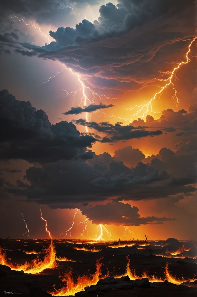 Landscape painting with chaos fire and lightning 