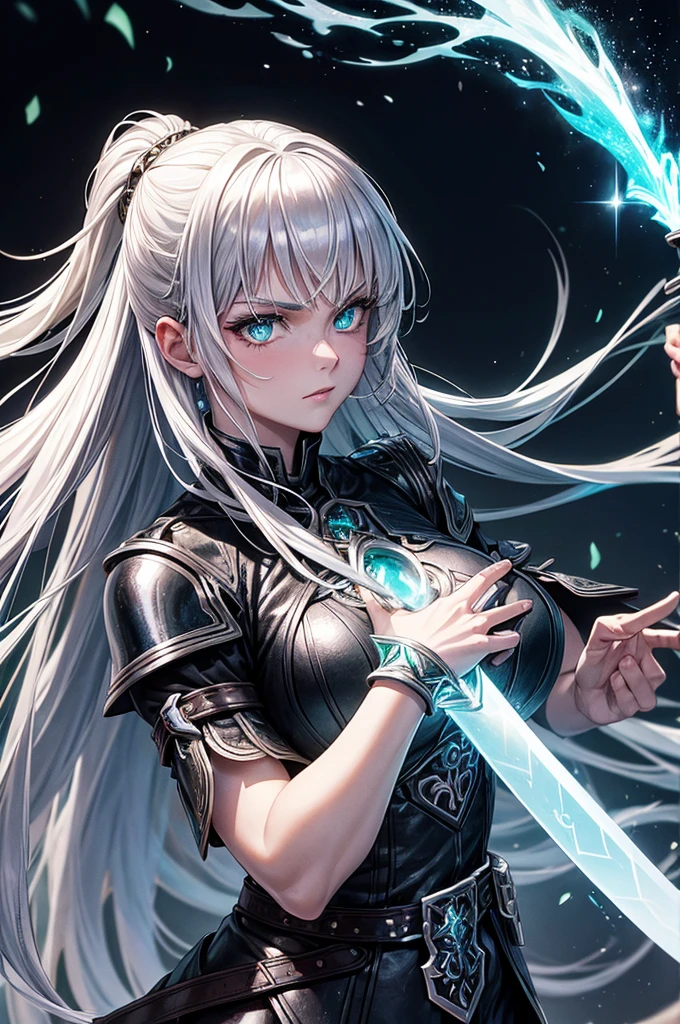 A mystical warrior woman with silver hair, glistening green eyes, and black leather, one hand holds a glowing orb and the other a glistening silver sword, 