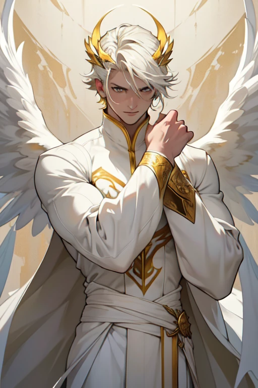 (work of art, best qualityer, ultra HD, 8k, wall-paper), Cinematic sensation, perfect hands, perfects eyes, detailedeyes, a man with very obvious white wings, fully body, wide and elegant white costume with strategic yellow details, displaying the powerful yellow tones in both of the character&#39;s eyes,, renderize a arte em uma impressionante resolução de 8k para mostrar todos os detalhes complexos, bringing the character and scene to life, set the stage under a clear, star-studded night sky, with the full moon casting its ethereal glow over the environment, capture the cinematic essence.