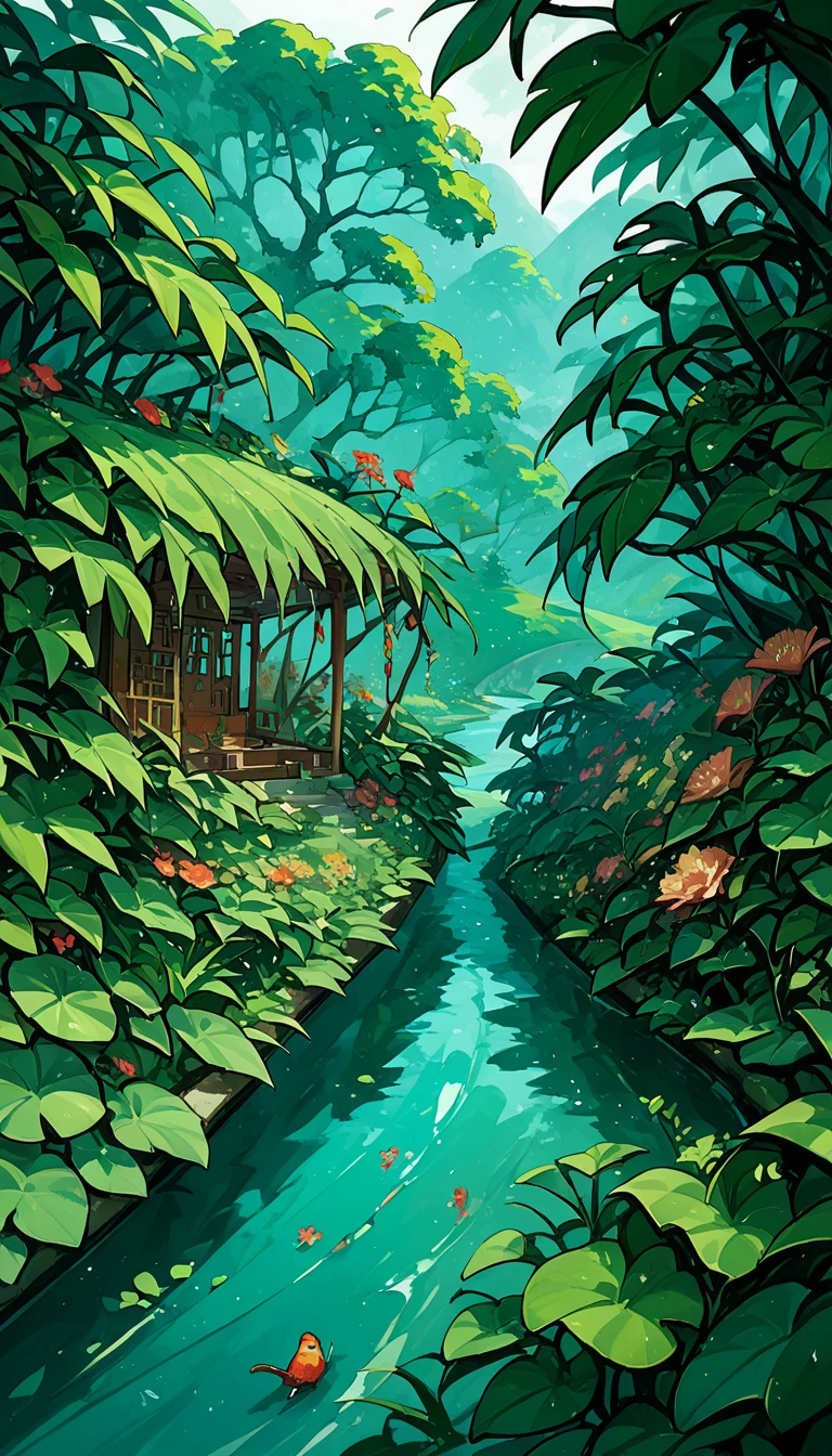Qingming Festival Chinese countryside, plants and flowers, swallows, wicker, rice field, light rain, river, bright, spring green, bright background, blank at the top of the frame, flat illustration, Victo Ngai style