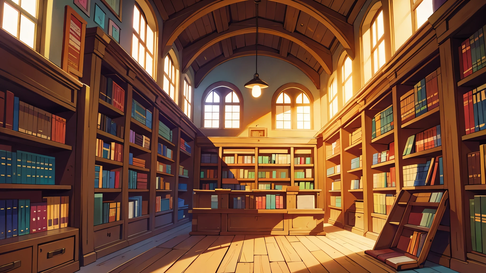 vivid colors interior of an empty medieval library rows of bookcases full of books, books