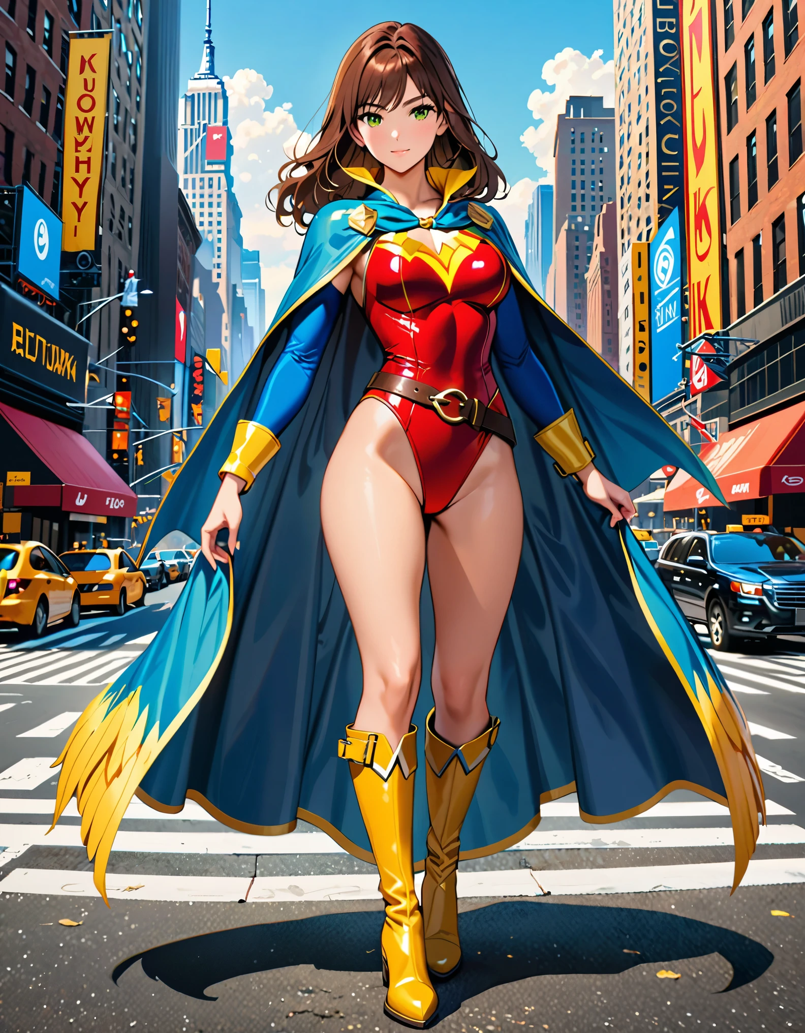 (masterpiece), (best quality), (high res), 1lady, tall body, highly detailed, professional, beautiful detailed eyes, beautiful detailed face, perfect hands, complete fingers, perfect anatomy, perfect proportions, ((brown hair, medium hair, hair down)), ((green eyes)), ((leotard, red leotard, matching leotard, bare legs)), ((boots, matching boots, knee-high boots, yellow boots)), breasts, medium breasts, (full body portrait), looking at viewer, solo, solo focus, standing, one hand on hip, cowboy shot, new york backdrop, (belt, tight belt), (blue sleeves, yellow cuffs), (yellow hawk (symbol) on chest), (medium cape, light blue cape), full body costume design.