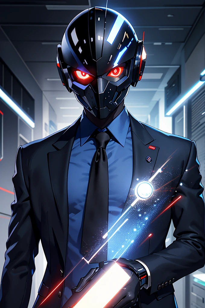 A man wears a blue shirt, a tie with black dots, a blazer and beige trousers and wears a futuristic and cybernetic black mask It has two pointed spots which are the bright red eyes that cover its eyes It has gold details Imagine that the helmet's red eyes also have a special function, such as scanning or providing real-time information