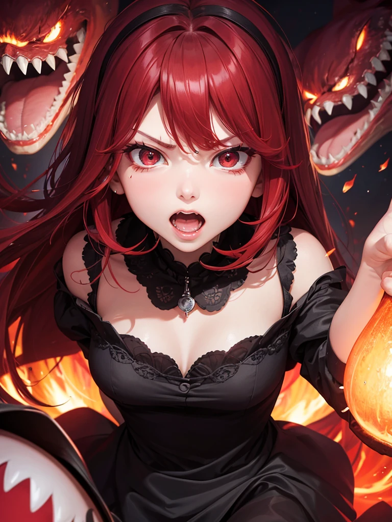 44 years old、beautiful girl、night、Apparition、tooth、Angry face、Red Hair、Big slanted eyes、Big Mouth、Dark Background、Close-up of face