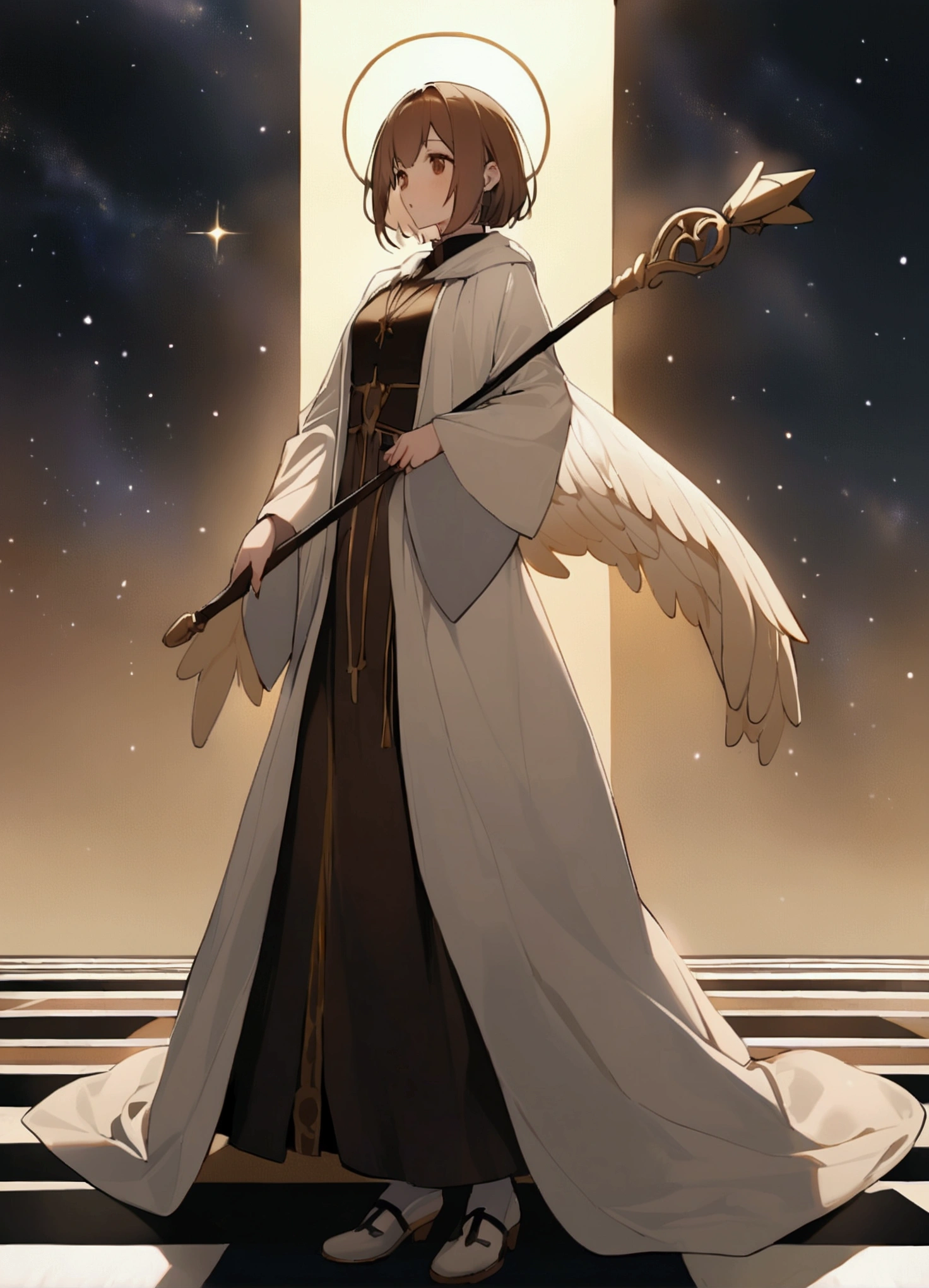 Brown Hair。Short Hair。Standing sideways。Young Girl。goddess。Angel's wing。carrying a big stick。clergyman。Robes。Wearing shoes。