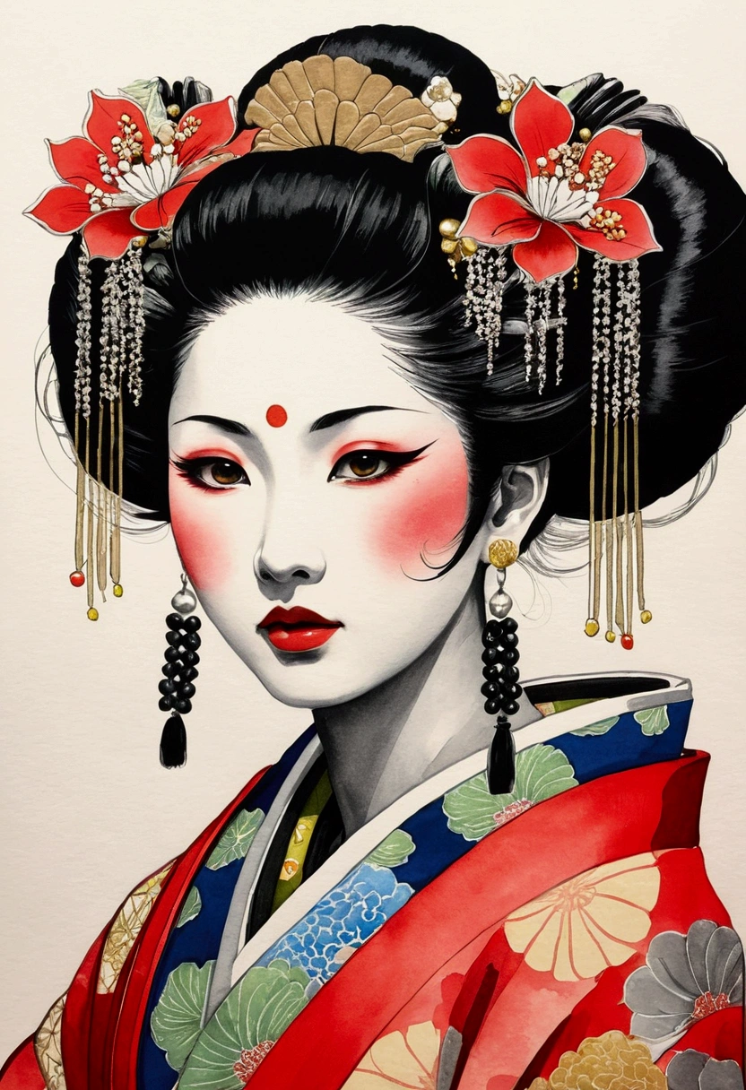 Ink Painting, (((1 person))), Oiran, Japanese style, Black Hair, Delicate and precise, Modern ukiyo-e style