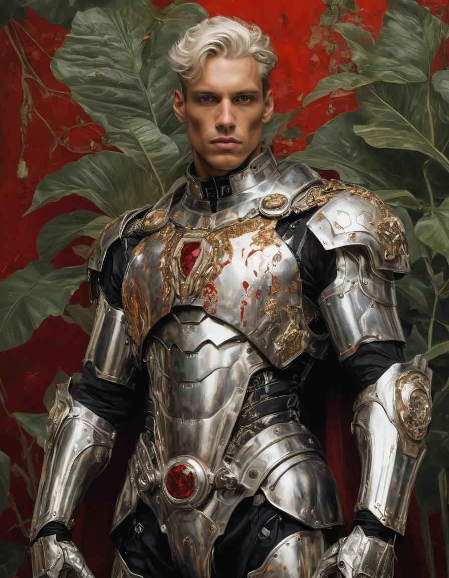 {{Masterpiece, best quality, oil painting, by Gustav Klimt, by Franz von Stuck, by Gustave Moreau}}, ((((((the full body profile portrait of a 30 year old male cyborg, manly, sexy, tall, muscular, flashing white eyes, he has blood covered silver hair, splattered in blood scarred face, sullen, arrogant, haughty, majestic, furious)))))), ((((He is splattered in blood, wearing a blood covered white cyborg plate armor with moth elements, with a red diamond shape on his chest)))). (((burning covered in blood background)))