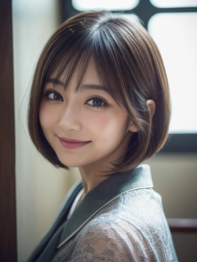 Highest quality, Face Focus, Soft Light, Ultra-high resolution, (Realistic:1.4), RAW Photos,
1 Japanese girl, alone, cute, (pupil, There&#39;There&#39;There&#39;The light in my eyes),  (Beautiful face in every detail:1.3)  ((High resolution detail of human skin texture:1.3) beautiful shiny white skin　　Beautiful three-dimensional effect　
indoor,
Damask Shirt Dress, (Beautiful straight bob hair all the way to the ends:1.3)  Elegant and clean　　Intelligent and stylish
(Portraiture)  High definition focus on pupil　Diffused light from a window　Beautiful gradation　A kind smile　(Beautiful gradation:1.3)  A kind smile　