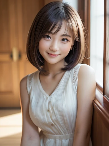 Highest quality, Face Focus, Soft Light, Ultra-high resolution, (Realistic:1.4), RAW Photos,
1 Japanese girl, alone, cute, (pupil, There&#39;There&#39;There&#39;The light in my eyes),  (Beautiful face in every detail:1.3)  ((High resolution detail of human skin texture:1.3) beautiful shiny white skin　　Beautiful three-dimensional effect　
indoor,
Damask Shirt Dress, (Beautiful straight bob hair all the way to the ends:1.3)  Elegant and clean　　Intelligent and stylish
(Portraiture)  High definition focus on pupil　Diffused light from a window　Beautiful gradation　A kind smile　(Beautiful gradation:1.3)  A kind smile　