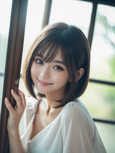 Highest quality, Face Focus, Soft Light, Ultra-high resolution, (Realistic:1.4), RAW Photos,
1 Japanese girl, alone, cute, (pupil, There&#39;There&#39;There&#39;The light in my eyes),  (Beautiful face in every detail:1.3)  ((High resolution detail of human skin texture:1.3) beautiful shiny white skin　　Beautiful three-dimensional effect　
indoor,
Damask Shirt Dress, (Beautiful straight bob hair all the way to the ends:1.3)  Elegant and clean　　Intelligent and stylish
(Portraiture)  High definition focus on pupil　Diffused light from a window　Beautiful gradation　A kind smile　(Beautiful gradation:1.3)  A kind smile　