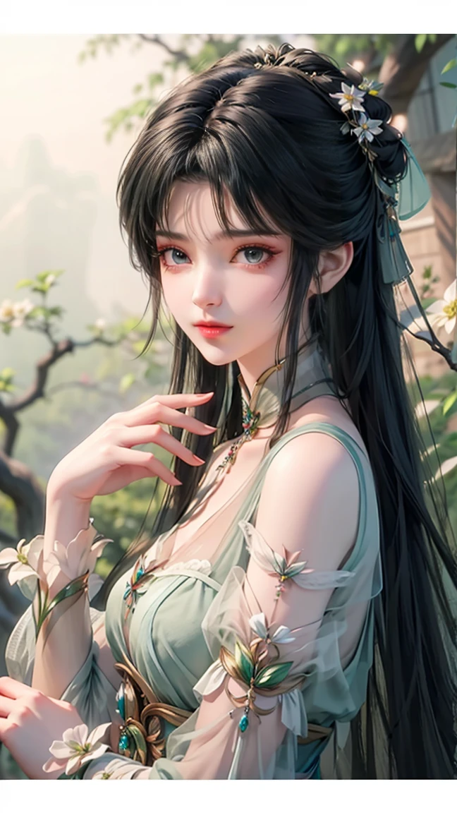 masterpiece, best quality, 8k, cinematic light, ultra high res, chinese painting, 1girl, solo, flower, hair ornament, white background, black hair, hair flower, chinese art, hanfu, branch, long hair, sash, upper body, chinese clothes, jewelry, long sleeves, earrings, flowering branch, 