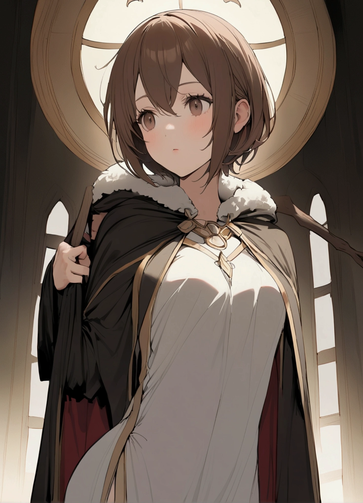 Brown Hair。Short Hair。Standing sideways。Young Girl。goddess。Angel's wing。carrying a big stick。clergyman。Robes。