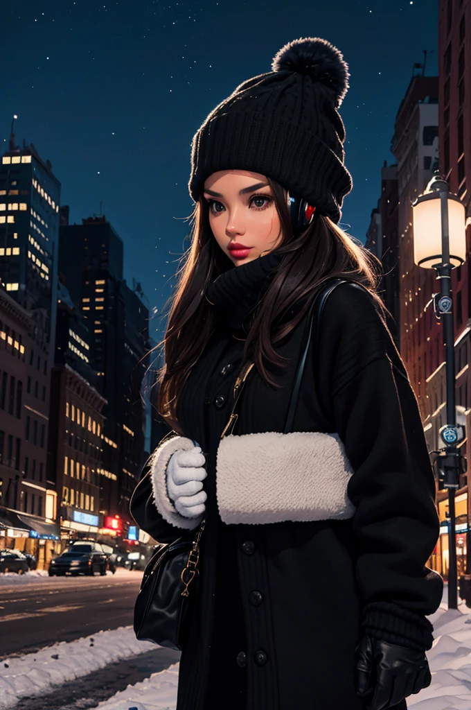 one girl with headphones, walks in streets of NYC, 22 years old, brunette hair, winter night. beautiful landscape of NYC,  in night sky, travel, tourist, sweater, gloves, black winter hat, long black hair, 
