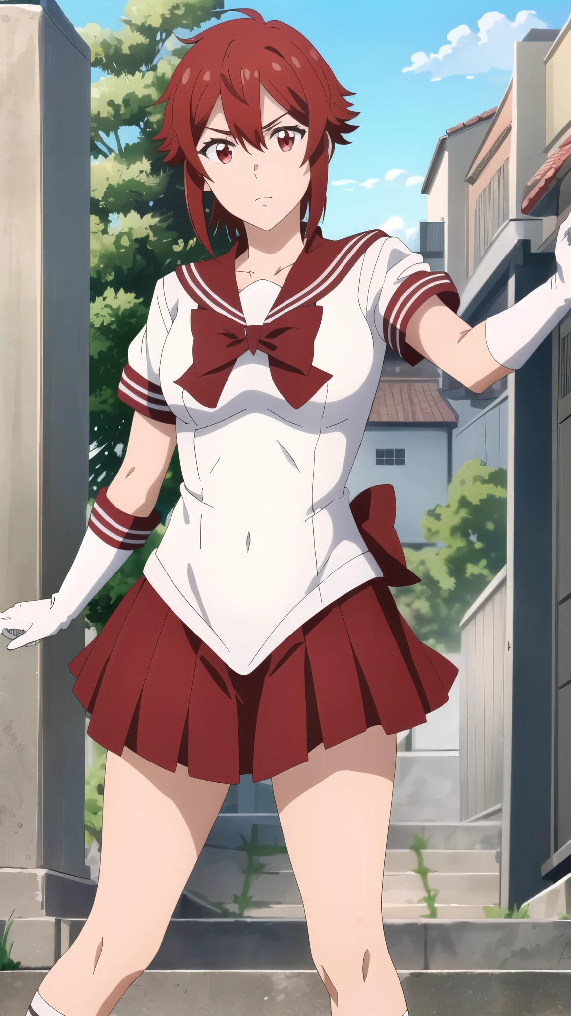 ((Highest quality)),((Very detailed)),masterpiece,Absurd,Detailed face,Beautiful Face,(fine grain, Deep Eyes),One Girl,((Dynamic pose)), input, Redhead, Red eyes, short hair, Hair between the eyes, bangs, chest, large chest, short hair, Red eyes, Outdoor, shirt, View your viewers, Are standing,Sailor Warrior Uniforms