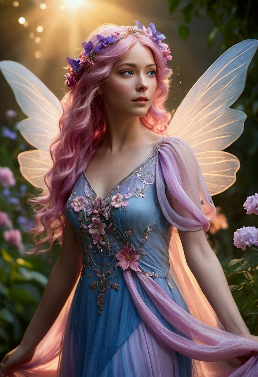 A captivating portrait of a young woman with ethereal pink hair and mesmerizing blue eyes. She is adorned in a flowing, ethereal dress that blends shades of purple and pink, adorned with delicate floral embroidery. The dress should gracefully drape over her figure, emphasizing her feminine silhouette. The character is positioned in a magical garden, bathed in soft, golden sunlight. A profusion of vibrant flowers, in various shades of pink, purple, and blue, create a lush and enchanting atmosphere. Two diminutive fairies, with translucent wings and sparkling eyes, flutter around the woman, their presence adding a touch of whimsy to the scene. The overall aesthetic should be dreamlike and romantic, with a focus on soft, pastel colors and gentle lighting. The woman's expression should convey a sense of serene beauty and connection with nature.. cinematic, epic, dynamic pose, character portrait, concept art, digital painting, artstation quality, trending on Artstation, award-winning, cinematic lighting, volumetric lighting, fog, mist, particles, environmental storytelling.
