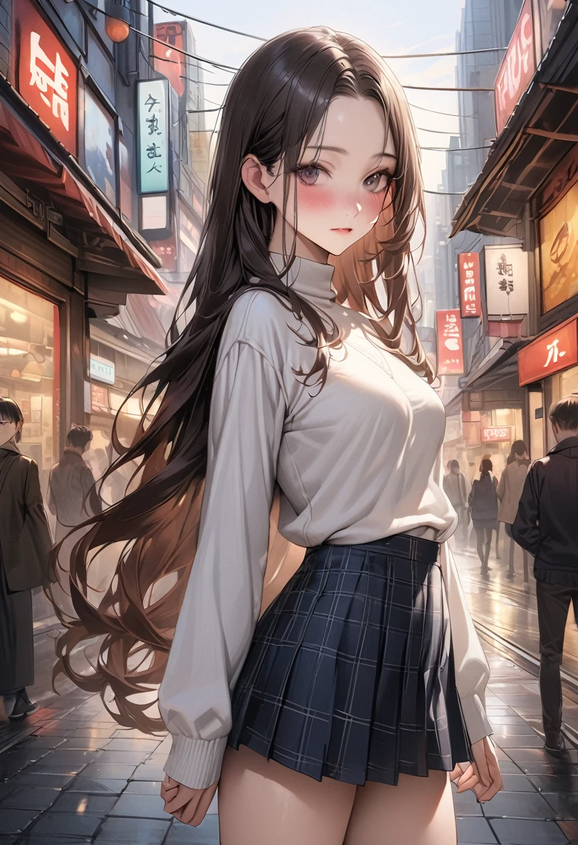 (realistic),((masterpiece,Highest quality:1.3,best quality illustration)),cowboy shot,独奏,1woman,(25 year old beauty),((very small head:1.3)),black hair,long hair,forehead,center parted bangs,black eyes,gorgeous big eyes,blush,((very long body,skinny)),medium breasts,White long sleeve turtleneck knit sweater、Dark blue plaid mini skirt、(gleaming skin:1.2),toned body,slender body,skinny,standing,on street,Shinjuku、Tokyo、