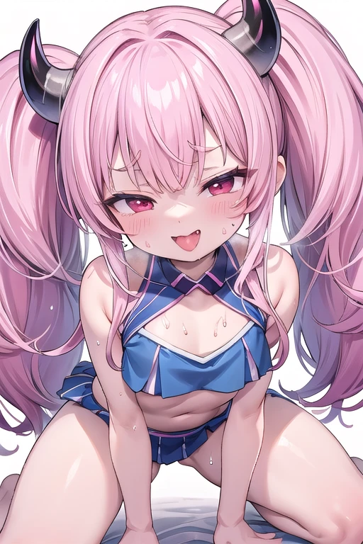 pretty girl、Young face、long silver Hair、long Twin tails、Pink eyeischievous face、Spoiled brat、Immature body、(Small breasts)、(tiny breasts)、smile、Sweat、(Thick thighs:1.5)、(little demon horns and tail)、red eyes、On all fours、Backwards、looking at viewer、sweat、pink tattoo on her abdomen、ハート型の眼、Open mouth、double teeth、fang、blushing and sticking out her cute tongue, tongue out、sensational、cheerleader、wearing a pink cheerleading uniform, buttocks、Gymnasium、Whole body