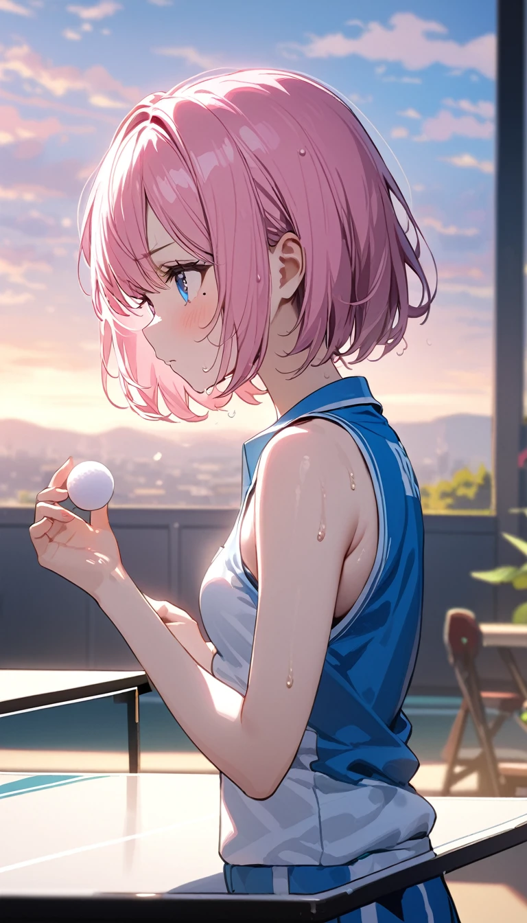 (1 girl),(Best Picture Quality, 8K, Masterpiece:1.3), (high school student:1.5), ((pink lob hair:1.1)), (bob cut),(swept bangs), (cute eyes, pupil black, iris skyblue, youthful face), (mole under right eye), (standard weight), (small breasts),(big hip), (glistening skin:1.2),(pale skin:1.2),(serious:1.3), (play table tennis:1.2), (table tennis racket), (table tennis uniform),(small Ping pong white ball in the palm of your hand),(Uplifting),(sweat:1.1),(magnificent view), ((looking ahead:1.3), ((from side:1.3)).