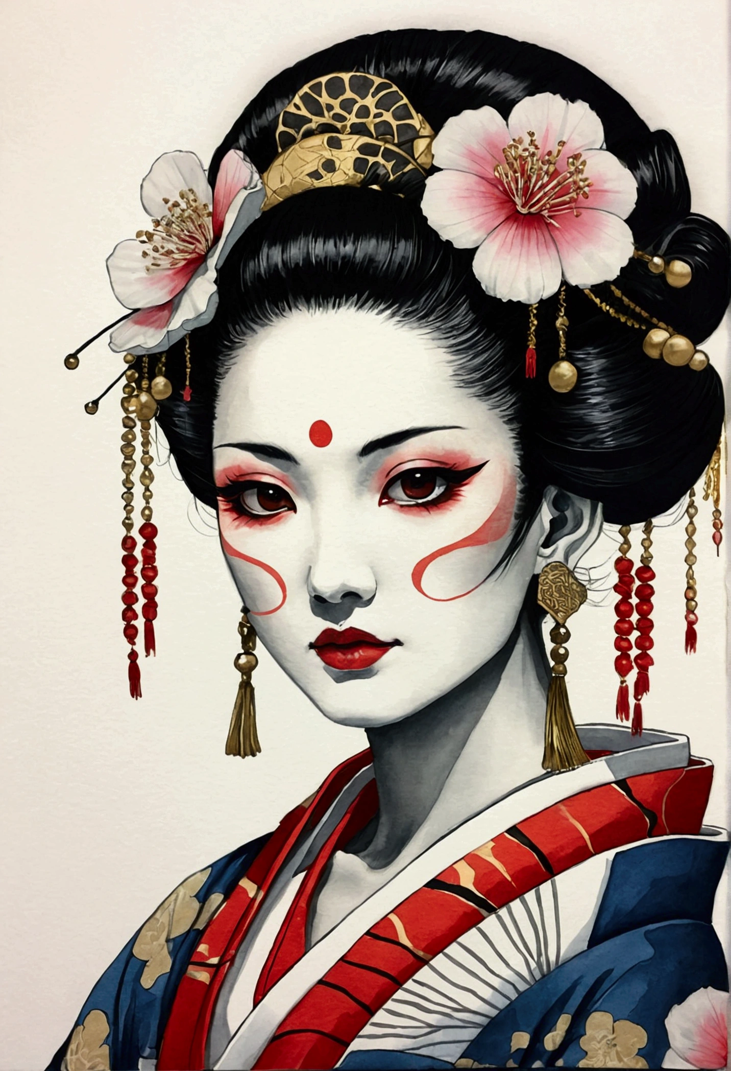 Ink Painting, (((1 person))), Oiran, Japanese style, Black Hair, Delicate and precise, Modern ukiyo-e style, skull