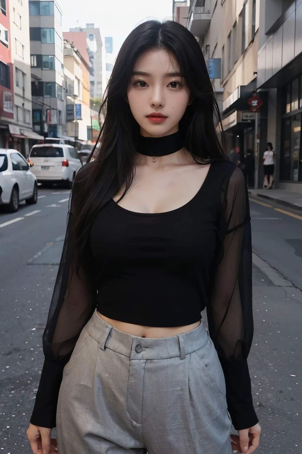 naked worker, araffe woman in a black top and grey pants on a city street, gorgeous young Korean woman, beautiful Korean woman, beautiful young Korean woman, Korean girl, wearing tight shirt, beautiful Korean girl, wearing a cute top, tight shirt,on a city street, Black hair and a perfect body, gorgeous Korean model, Korean woman, photorealistic perfect body, Korean woman posing for a photo, wearing a black translucent shirt, Korean girl, beautiful young Korean woman, beautiful Korean girl, open translucent shirt, Korean goddess, cleavage, wearing a black shirt, wearing a tight shirt, without glasses, soft translucent black skin, beautiful Korean woman, clothes with open chest, black-head, black-Hair, small bust, translucent black, translucent black shirt, translucent brown , sexual pose, sex pose, at work, worker naked, worker, naked worker
