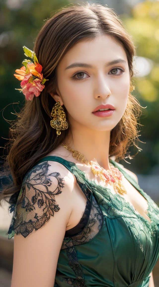 In watercolor style, Beautiful young brunette woman, perfect face, green eyes, light red full mouth, lightly tanned skin, soft makeup, blush, masterpiece, 8k, complex pose, sharpness, ((colorful stained glass background)), ( ((detailed details of the black lace dress, shoulders showing))), (earrings and intricate necklace), long hair tied on the side, ((a flower in the hair)), studio photo, Nikon D7000 camera, 35mm lens, speed, 125sec, f11, dynamic pose, realistic.8k,