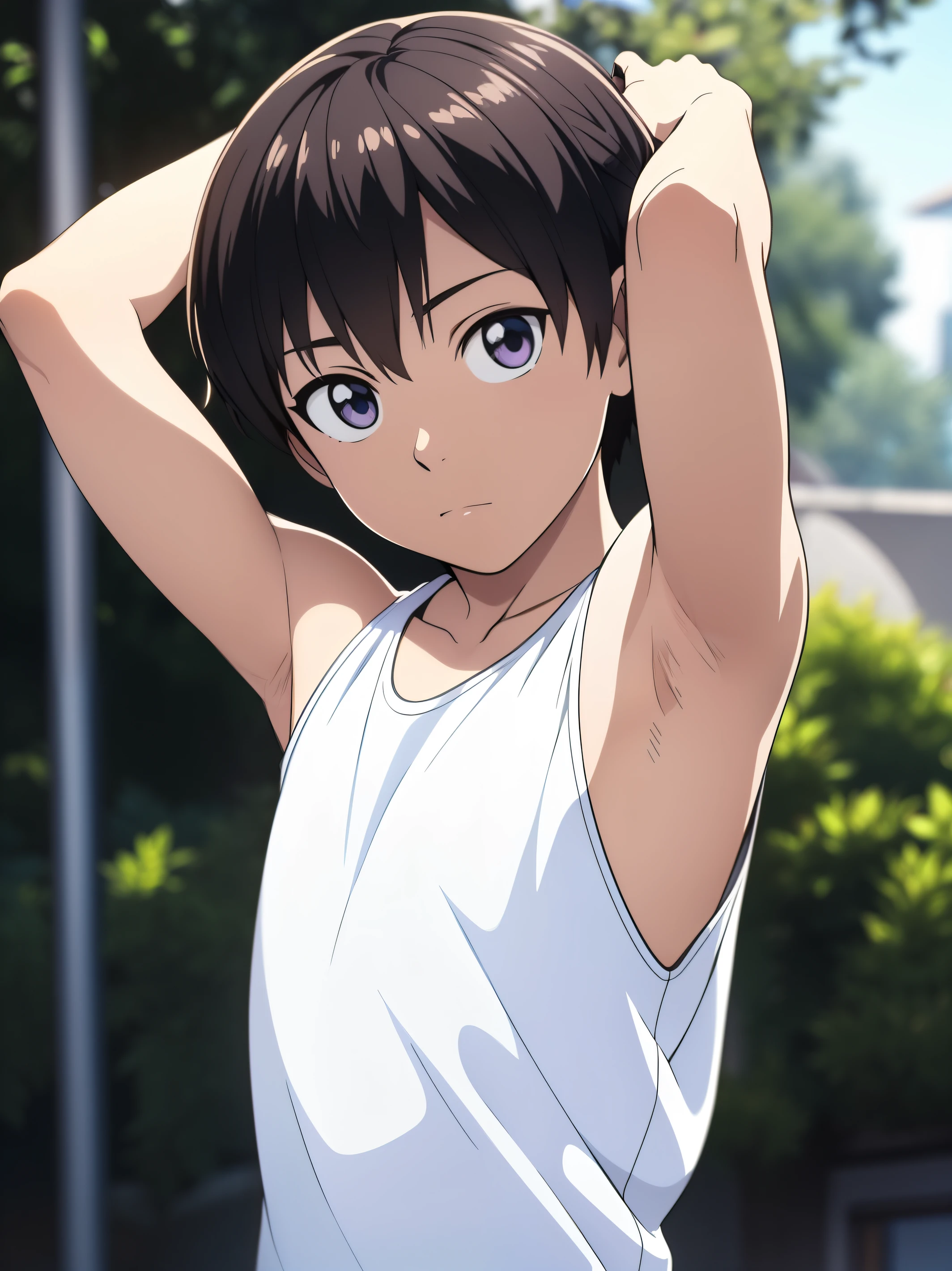 Highres, Masterpiece, Best quality at best,Best Quality,hight quality, hight detailed, Anime style, 1boy, Shota, young boy, Solo person, White tank top, Upper body, Seen from the front, look at viewer, (Very young boy), (very small and short body), ***************s, (Showing armpit:1.3), hansome boy, Uhd, bokeh, Simlle beckground, 8k photo, best quality, beautiful lighting, intricate details, photorealistic, photo, masterpiece, realistic, photorealism, detailed, hyper detailed, best quality, ultra high res, high resolution, detailed, raw photo, detailed face, detailed eyes, looking at viewer