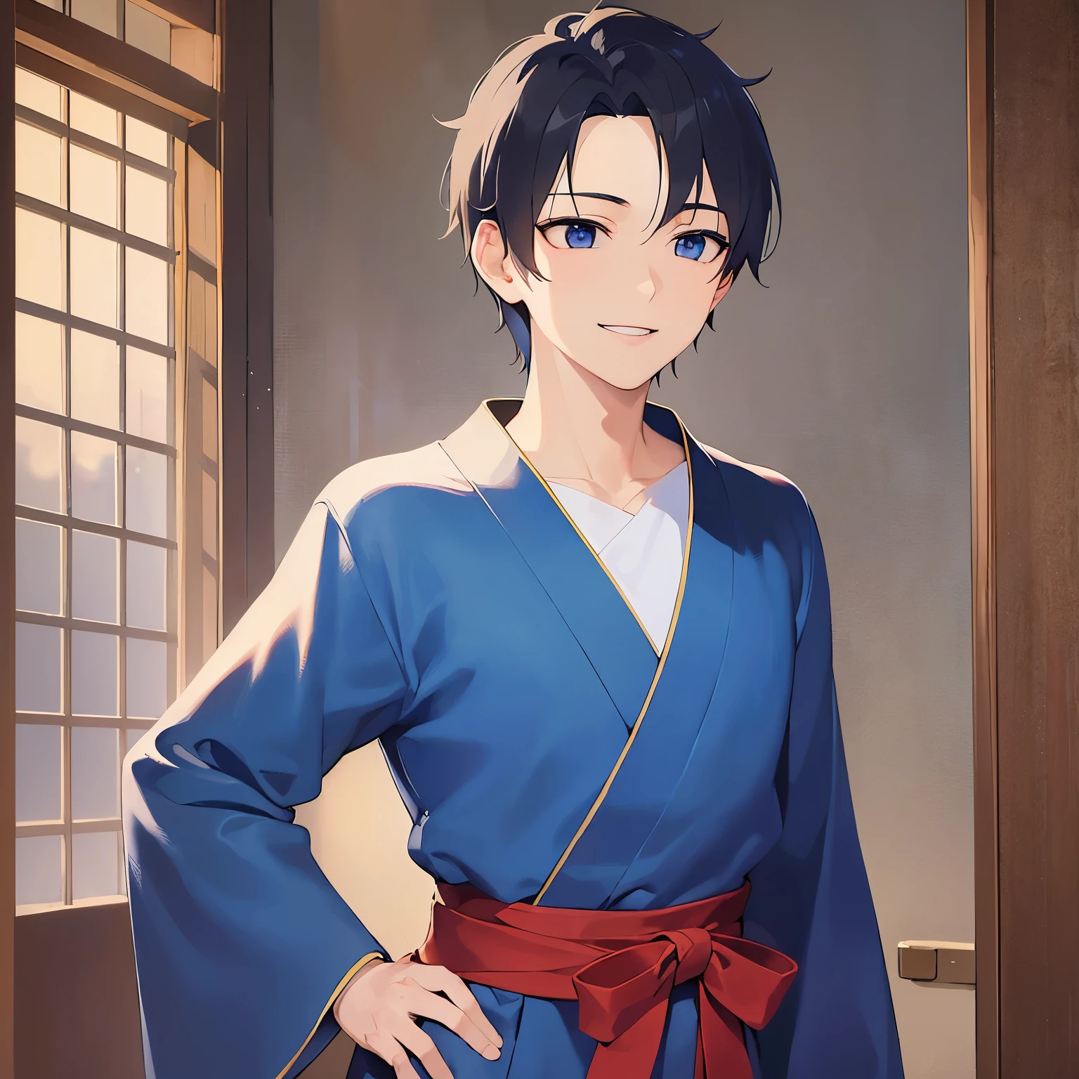 side angle, (looking away:1.5), upper body、(hand on own hip:1.5),
masterpiece、Highest quality、
(25-year-old male:1.5) and(Black short hair) and (blue eyes),
yukata,(smile:1.5),open mouth,The background is a Japanese-style room at night,(alone:1.5)