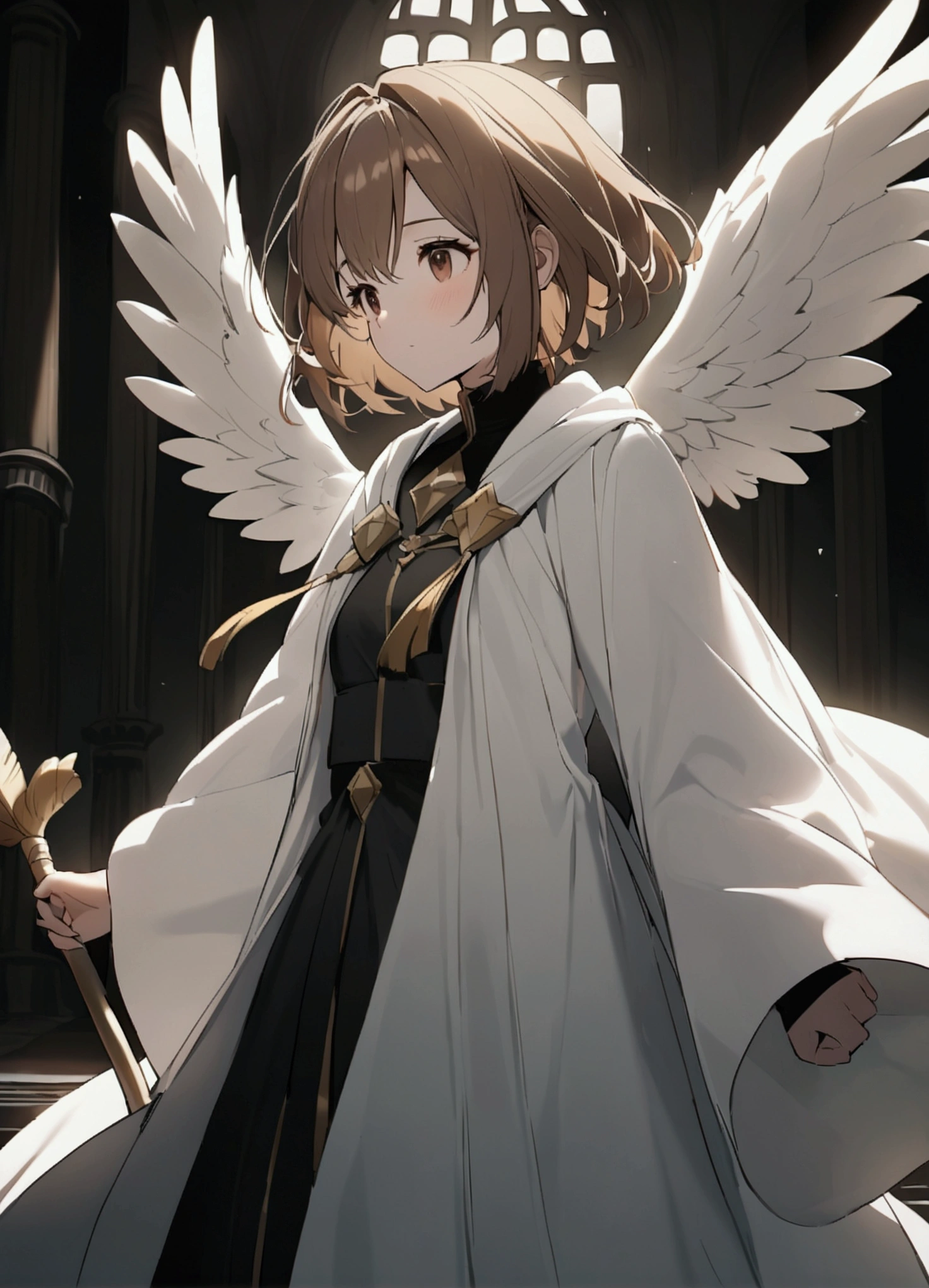 Brown Hair。Short Hair。Standing sideways。Young Girl。goddess。Angel's wing。carrying a big stick。clergyman。Robes。Big feather。