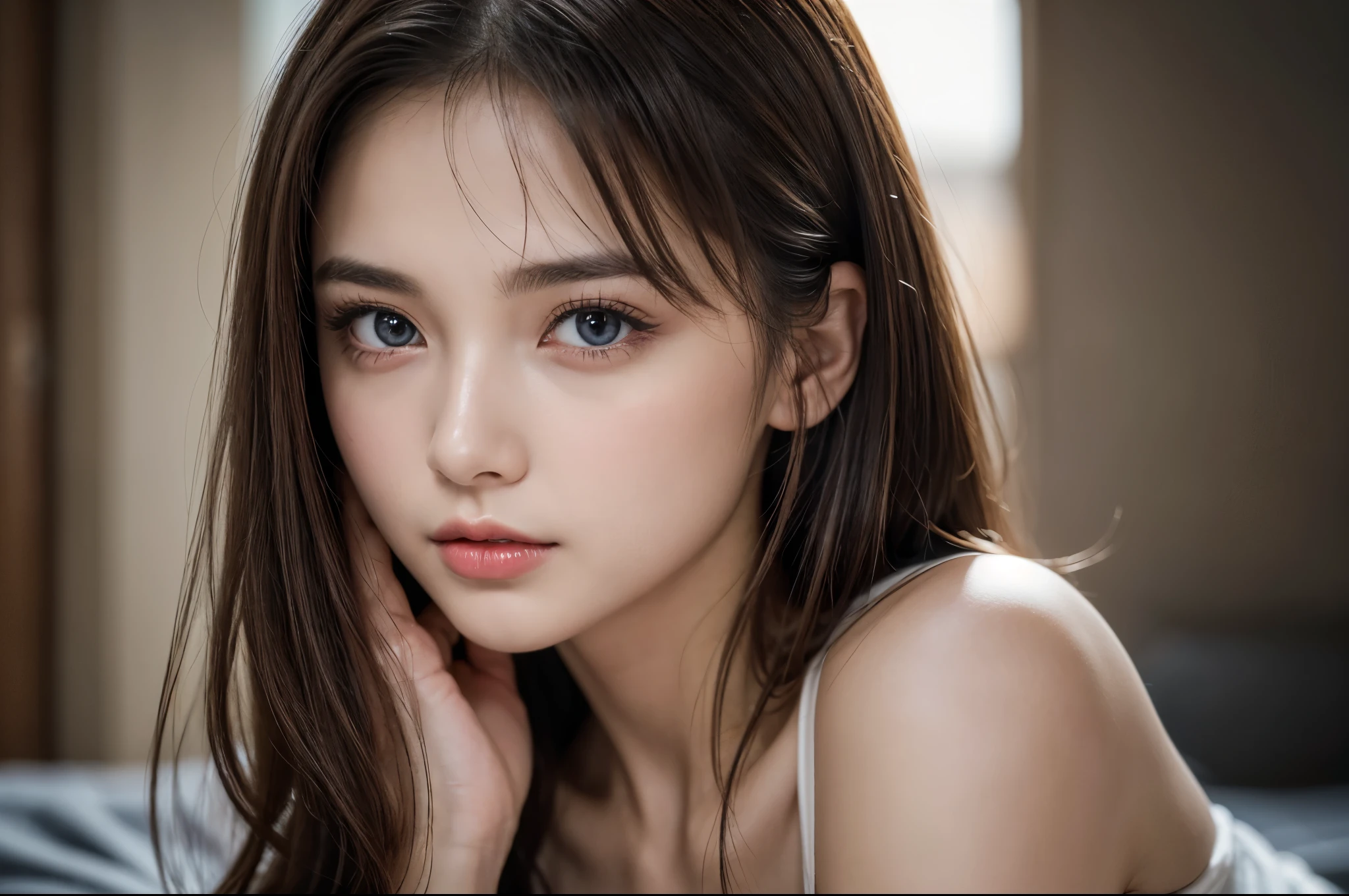 (8k, ultra high resolution, best masterpiece, Highest quality:1.2), Extremely detailed, thorough resolution, (realistic, realistic photo: 1.37), Portrait, Focus on eyes, high definition RAW photograph, professionally arrested, high definition and beautiful, UHD 8K Image photo, Volumetric Lighting, Soft Light, frank, Professional photography, highly detailed beautiful girl, Ultra detailed and delicate face, Finely defined eyes, (Extremely detailed eyes), Precise shape nose, expressive lips, fine texture skin, (HD skin:1.2), The fingers were neatly outlined, Every feature is meticulously displayed, one story, (20:1.2), Twenty generations, cute girl, Brown hair, Long straight hair, shiny amber eyes, Red lips, Cleavage, perfect anatomy, HD background is not blurred, particle, realistic, Amazing details, 8k Ultra HD, high quality, CG unity, C4D render, 3D rendering