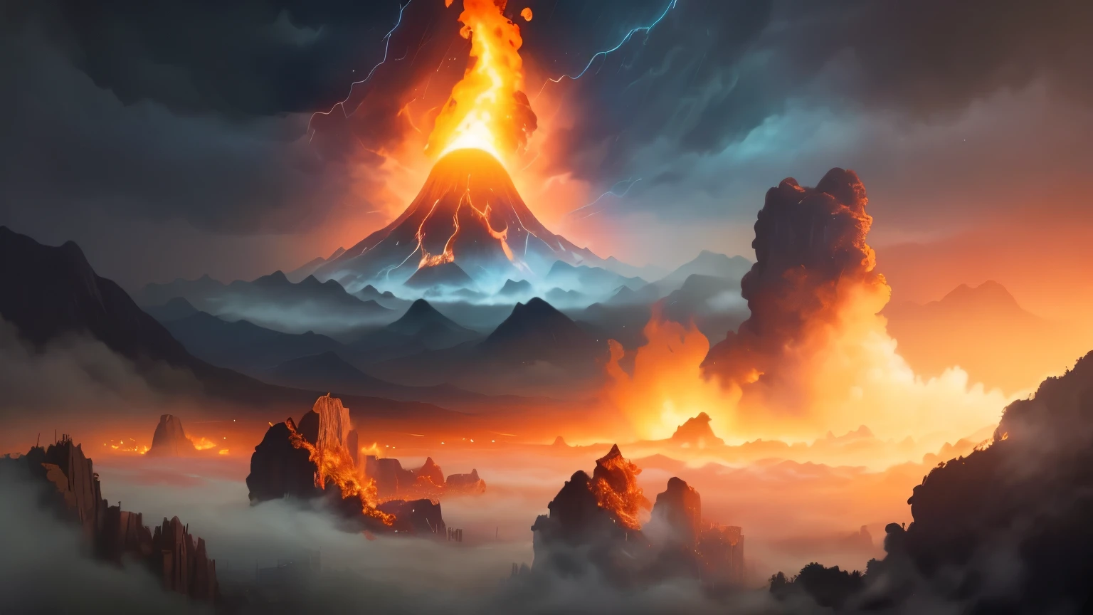 ((best quality)), ((masterpiece)), (detailed), A digital illustration of multiple weather patterns, including heatwave, wind, and fog, occurring simultaneously with a heatwave eruption in the background.