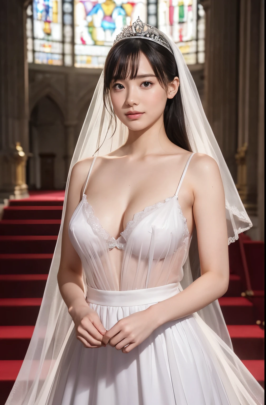 Naked,Full body like," Figure, Bride's outfit without shoulder straps,Small silver tiara,Colossal tits,sloppy and droopy breasts, heavy breasts almost exposed ,Fully visible bust,Sheer princess skirt,Wedding in the church,There is a large crowd of participants behind you, the perfect body, (Best Quality, 4K, 8K, High resolution, masutepiece:1.2), Ultra-detailed, (Realistic, Photorealistic, Photorealsitic:1.37), royal, Captivating, (Vibrant colors, sharp chest:1.1), Soft lighting", (((completely transparent dress))). (((completely no pantie))). deep breasts cleavage. transparent micro bra. navel exposed. thin waist. noble smile.