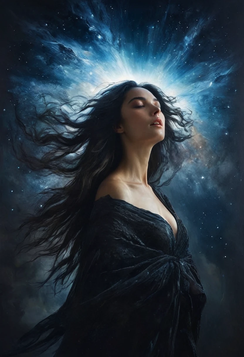 painting of a dark world. universe,in the sky there is a large image of a beautiful woman with flowing hair, looking down at the world, Inspiration, cinematic scene, volumetric lights, ultra realistic, in the style of nicola samori