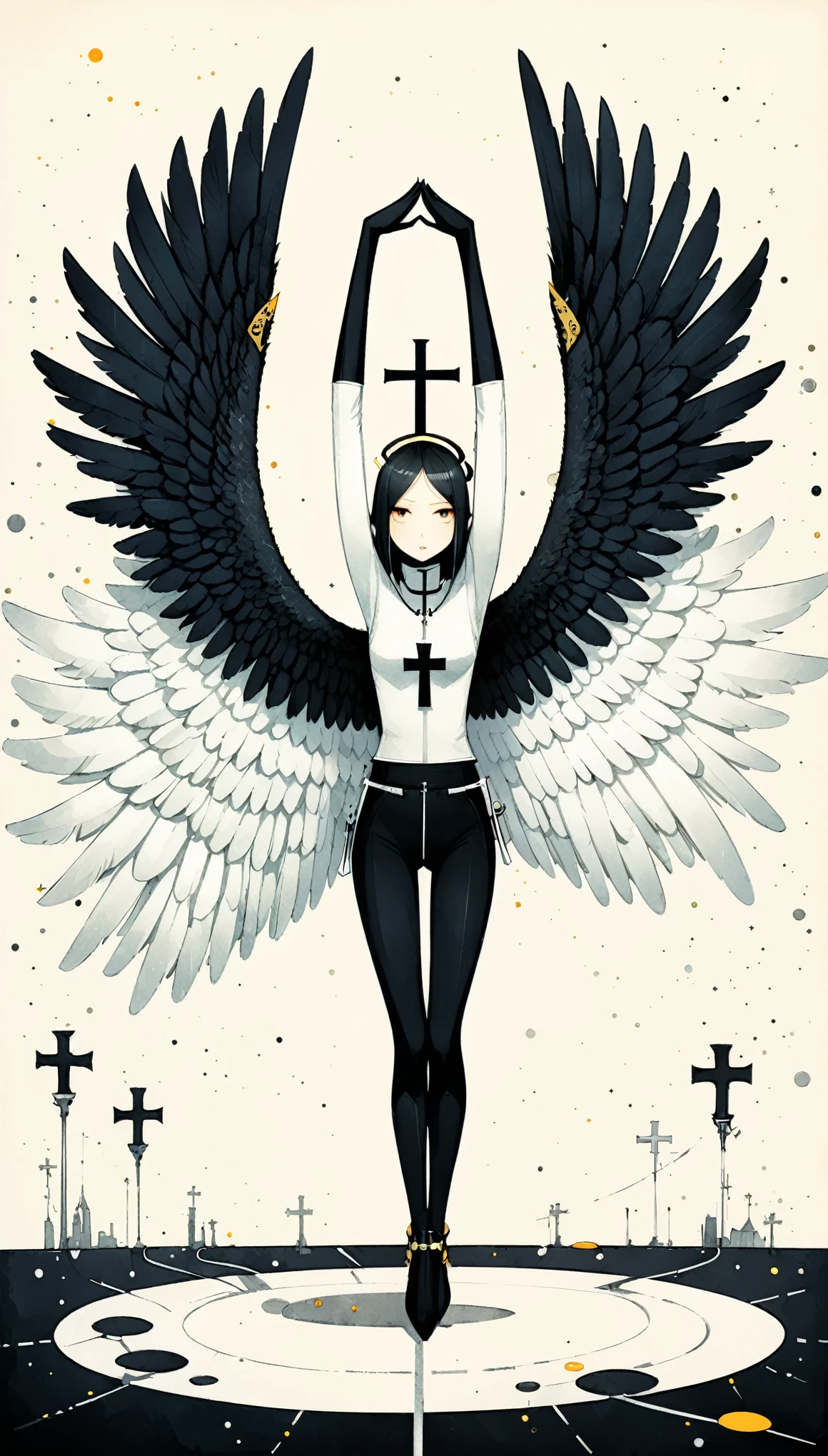 in style of Santiago Caruso,in style of Dan Matutina,(in style of Mike Azevedo:1.4),
1girl,(bikkii:1.3),(withe and black cross angel:1.4),(cross-body stretch:1.2),
(black wing and white wing:1.4),