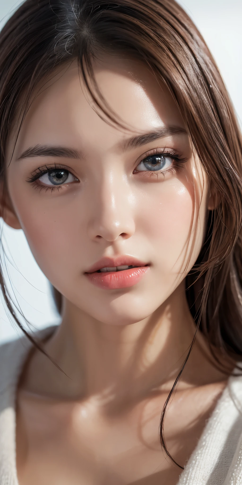 (8k, ultra high resolution, best masterpiece, Highest quality:1.2), Extremely detailed, thorough resolution, (realistic, realistic photo: 1.37), Portrait, Focus on eyes, high definition RAW photograph, professionally arrested, high definition and beautiful, UHD 8K Image photo, Volumetric Lighting, Soft Light, frank, Professional photography, highly detailed beautiful girl, Ultra detailed and delicate face, Finely defined eyes, (Extremely detailed eyes), Precise shape nose, expressive lips, fine texture skin, (HD skin:1.2), The fingers were neatly outlined, Every feature is meticulously displayed, one story, (20:1.2), Twenty generations, cute girl, Brown hair, Long straight hair, shiny amber eyes, Red lips, Cleavage, perfect anatomy, HD background is not blurred, particle, realistic, Amazing details, 8k Ultra HD, high quality, CG unity, C4D render, 3D rendering