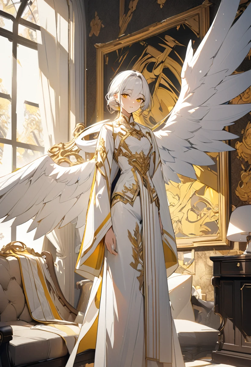 (work of art, best qualityer, ultra HD, 8k, wall-paper), Cinematic sensation, perfect hands, perfects eyes, detailedeyes, a man with white wings showing his entire body, wide and elegant white costume with strategic yellow details, displaying the powerful yellow tones in both of the character's eyes,, renderize a arte em uma impressionante resolução de 8k para mostrar todos os detalhes complexos, bringing the character and scene to life, set the stage under a clear, star-studded night sky, with the full moon casting its ethereal glow over the environment, capture the cinematic essence.