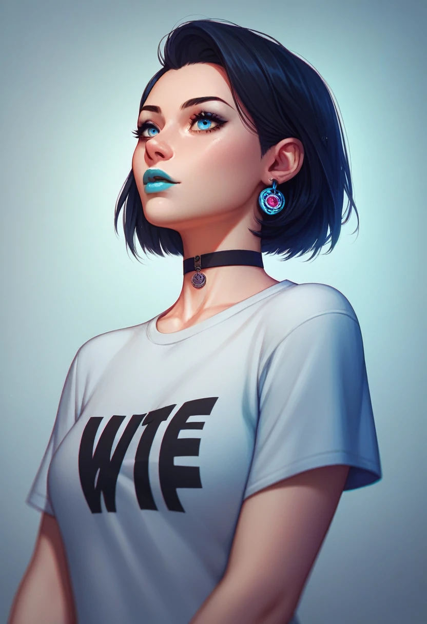 really short hair, hair made of galaxy and Cosmo, We can see the galaxy by the strand of her hair, . choker. Amber blue eyes. Bblack hair. cyan lips. t - shirt. Earplug