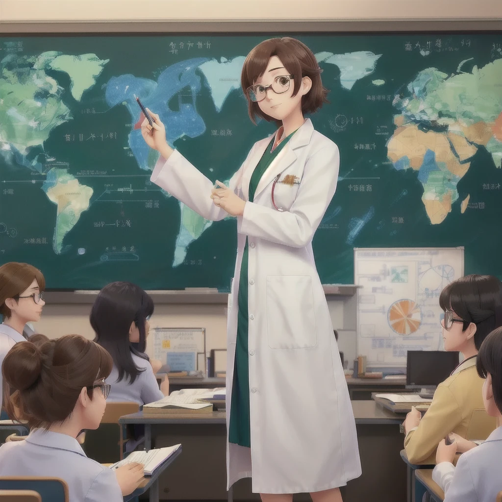 anime teacher in front of a classroom with students, typical anime classroom room, laboratory background, elite scientist, wearing lab coat and a blouse, With a lab coat, doctor, Classroom Background, makoto shinka, Sakimi-chan, today&#39;s featured anime yet, academic painting, scientists, makoto shinkai and artgerm, studio lightly makoto shinkai