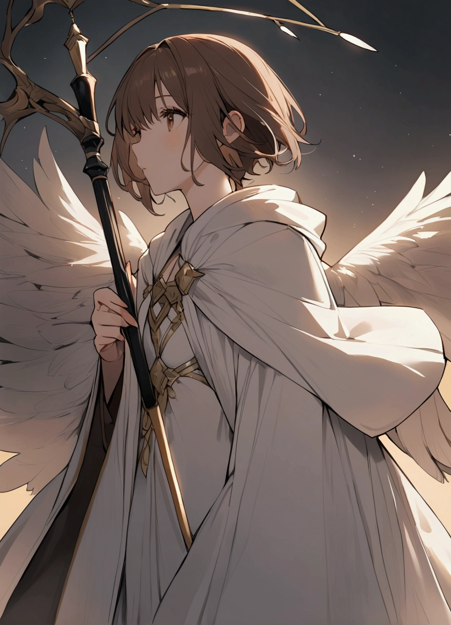Brown Hair。Short Hair。Standing sideways。Young Girl。goddess。Angel's wing。carrying a big stick。clergyman。Robes。Big feather。