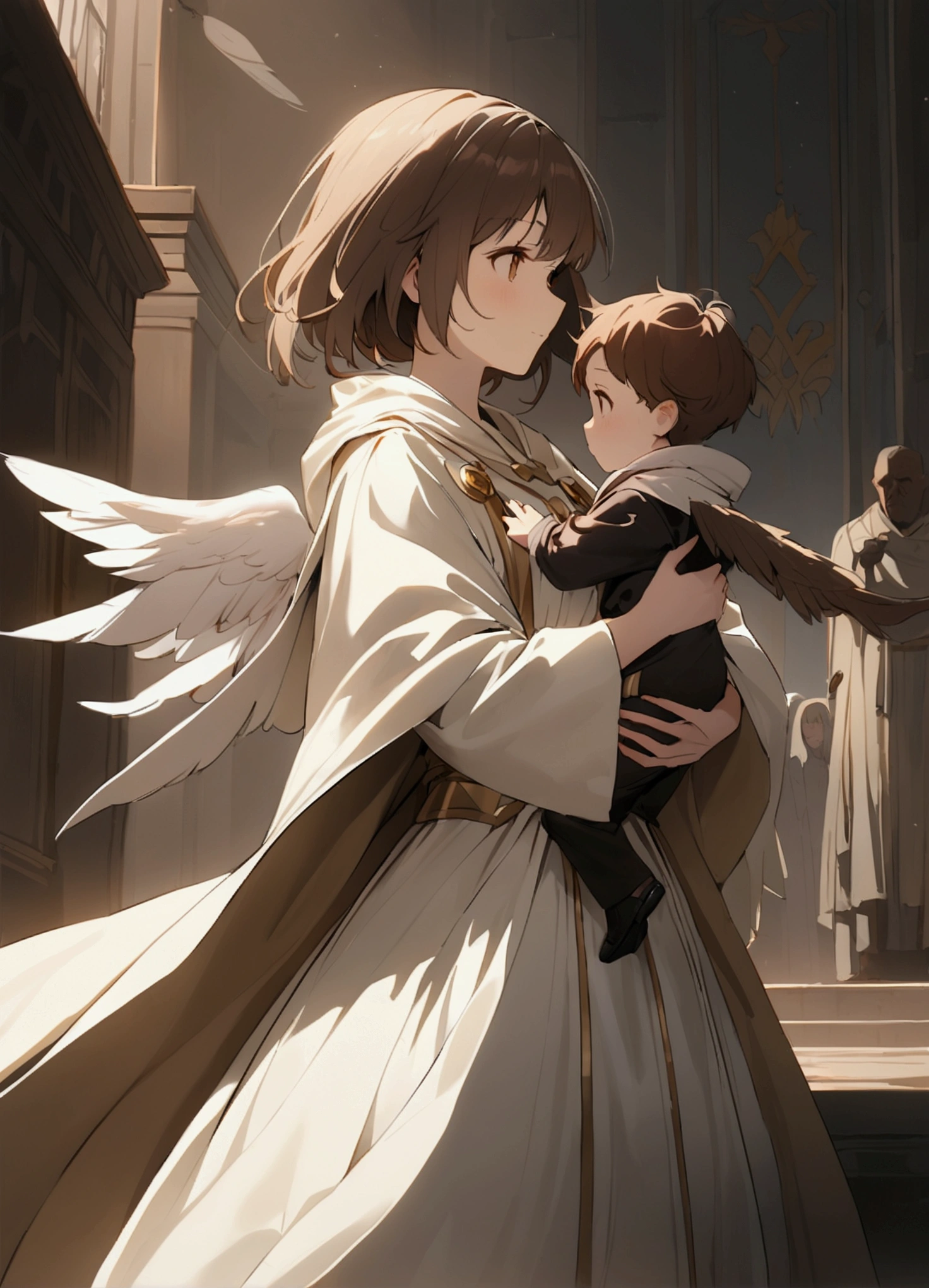 Brown Hair。Short Hair。Standing sideways。Young Girl。goddess。Angel&#39;s wing。carrying a big stick。clergyman。Robes。Big feather。