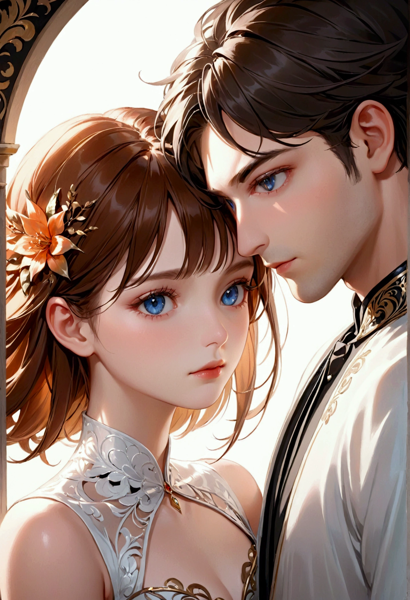 1girl, 1boy, tall girl, short boy, beautiful detailed eyes, beautiful detailed lips, extremely detailed eyes and face, long eyelashes, photorealistic, 8k, highres, masterpiece, hyper detail, porcelain skin, soft lighting, natural lighting, warm color tones, cinematic, elegant, graceful, serene, peaceful, fantasy, magic, whimsical, dreamlike