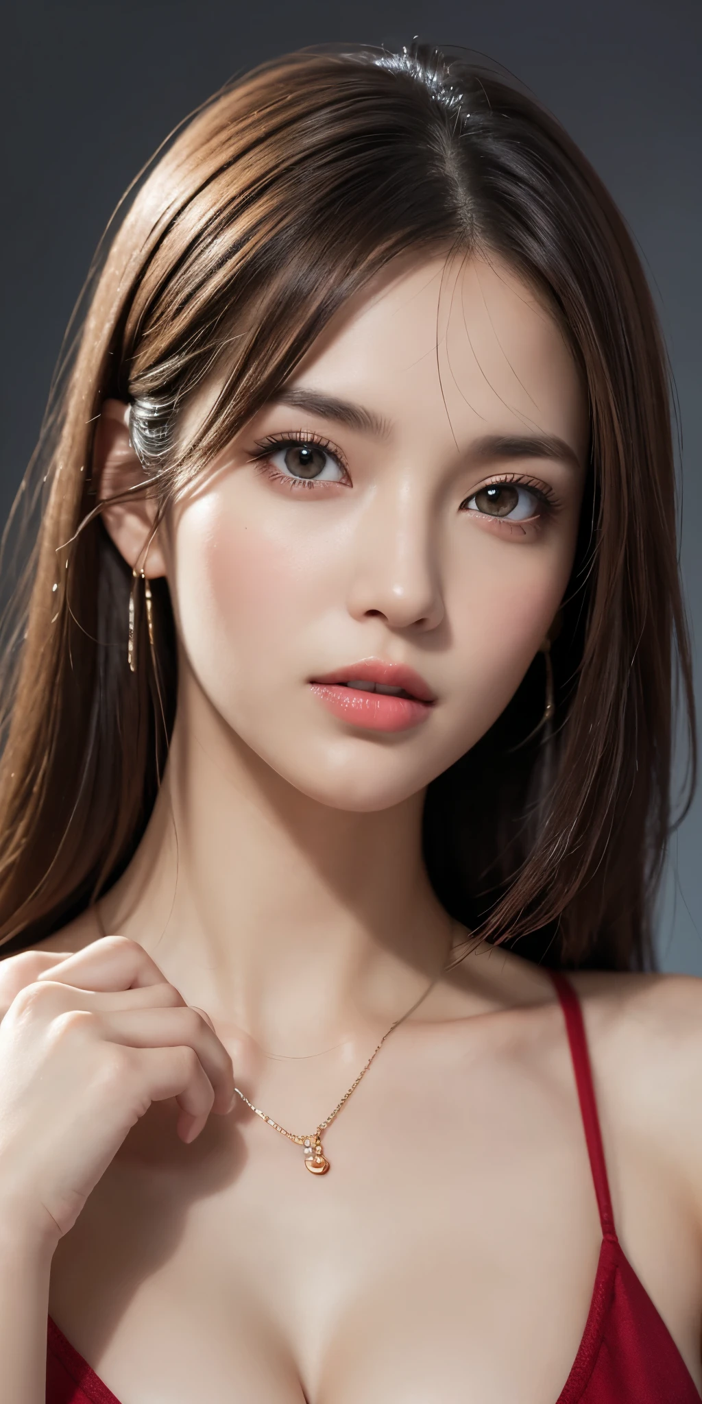 (8k, ultra high resolution, best masterpiece, Highest quality:1.2), Extremely detailed, thorough resolution, (realistic, realistic photo: 1.37), Portrait, Full-body, Focus on eyes, high definition RAW photograph, professionally arrested, high definition and beautiful, UHD 8K Image photo, Volumetric Lighting, Soft Light, frank, Professional photography, highly detailed beautiful girl, Ultra detailed and delicate face, Finely defined eyes, (Extremely detailed eyes), Precise shape nose, expressive lips, fine texture skin, (HD skin:1.2), The fingers were neatly outlined, Every feature is meticulously displayed, one story, (20:1.2), Twenty generations, cute girl, Brown hair, Long straight hair, shiny amber eyes, Red lips, Cleavage, perfect anatomy, HD background is not blurred, particle, realistic, Amazing details, 8k Ultra HD, high quality, CG unity, C4D render, 3D rendering