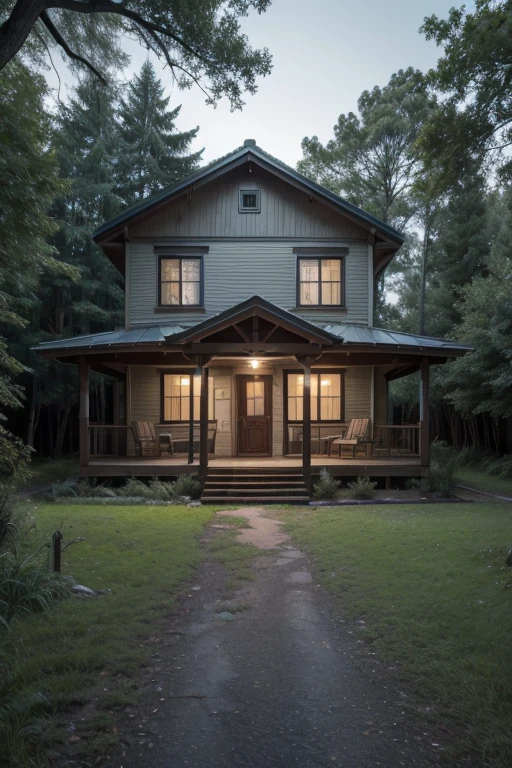 Create a book cover: at night, of a not very large two-story house with the paint on the walls a little worn, with many trees around looking gloomy in the forest.