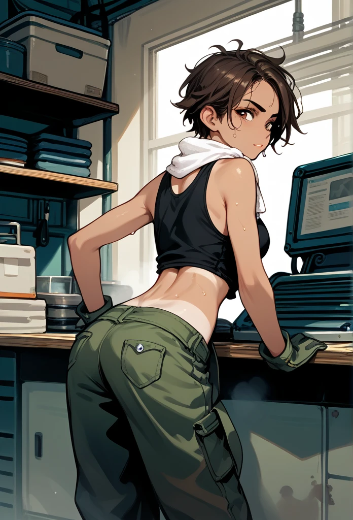 masterpiece, best quality, mature woman, messy hair, black hair, brunette gradient hair color, hot face, (tomboy face), tan skin, mature body, fit body, medium breasts, mechanic gloves, (dirty tank top), stained tank top, midriff, white bandana, mechanic pants, loose pants, workshop, (sweaty), bending over, towel around neck, back view